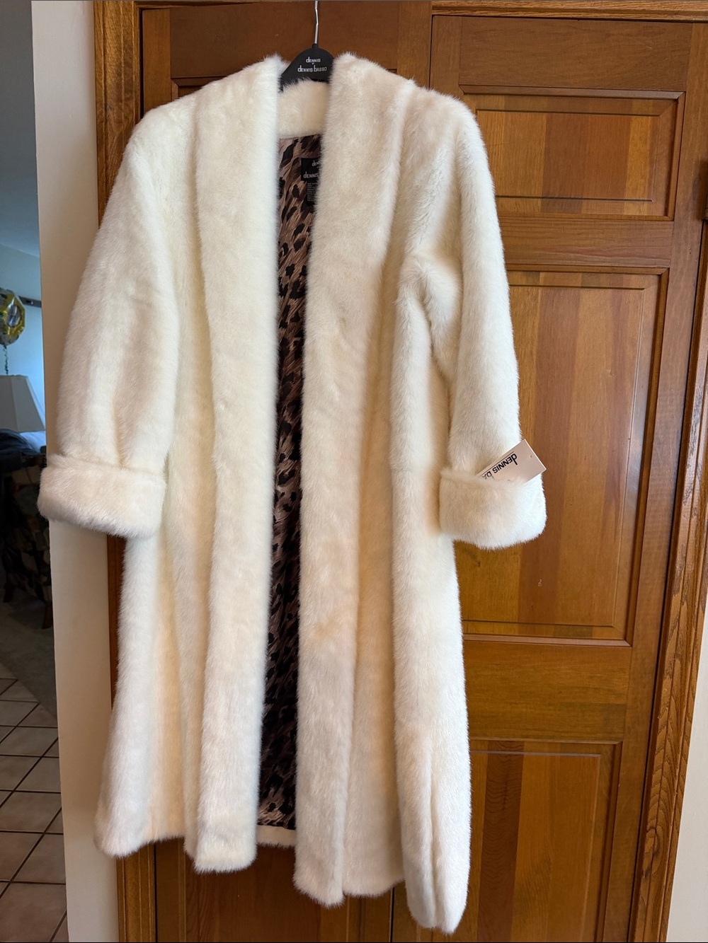 dennis basso Cream Faux Fur Long Coat with Leopard Lining